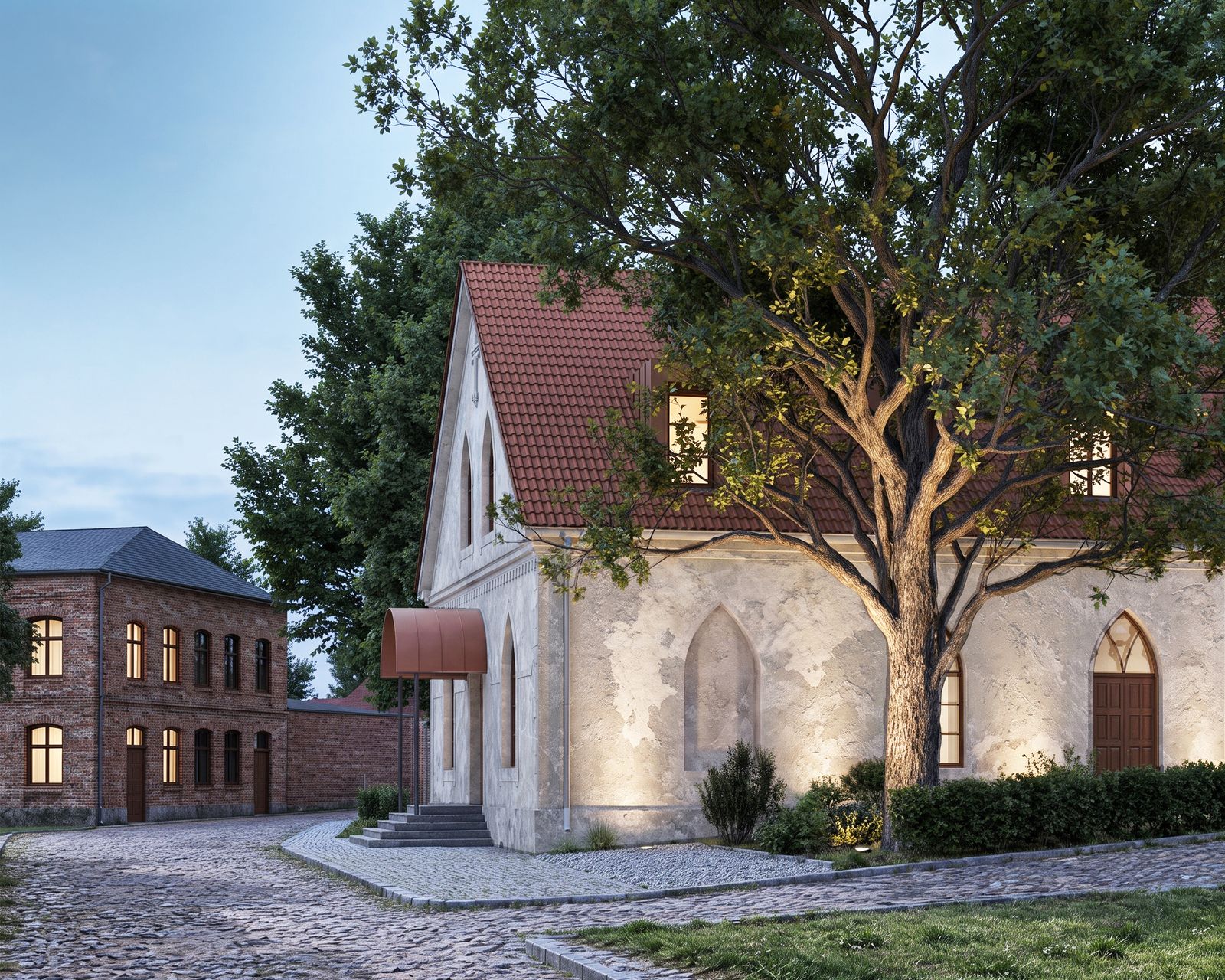 Rendering of the restored church in the evening
