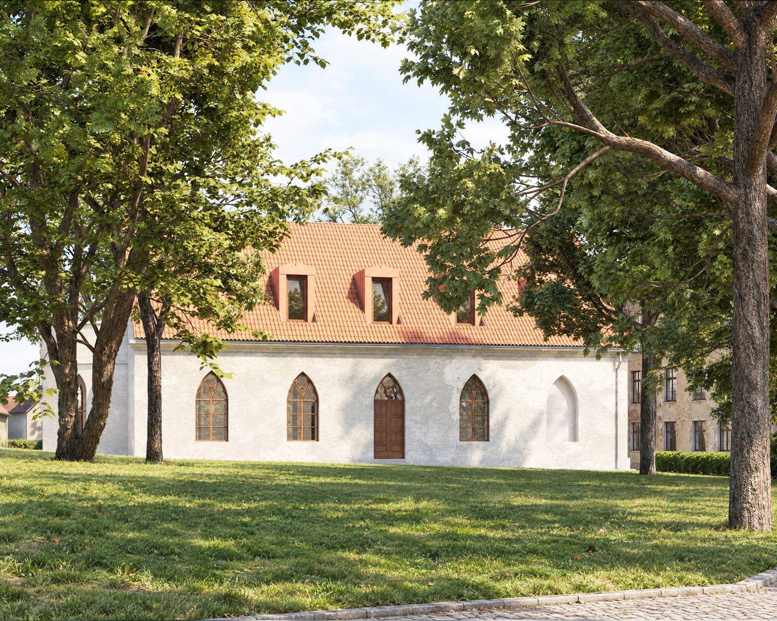 Rendering of the restored church seen through the trees